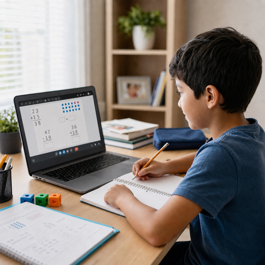 Elementary student learning math online at home